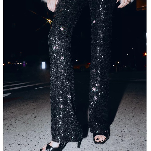 Zara Sequin Flare Pants / Leggings - Black - Picture 5 of 12